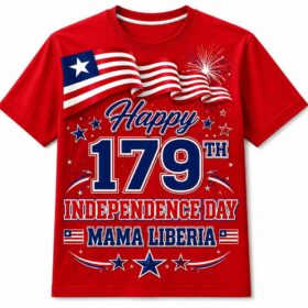 Happy 179th Independence Day Mama LLiberia T-Shirt – Patriotic Red Graphic Tee with Liberian Flag & Fireworks Design